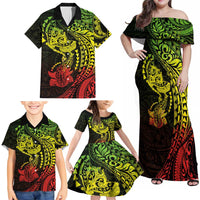 Hawaiian Manta Ray and Hammerhead Shark Tribal Tattoo Family Matching Off Shoulder Maxi Dress and Hawaiian Shirt with Polynesian Tribal Pattern Reggae Style LT03 - Polynesian Pride