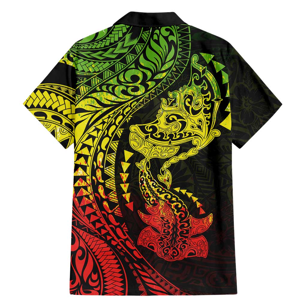 Hawaiian Manta Ray and Hammerhead Shark Tribal Tattoo Family Matching Off Shoulder Short Dress and Hawaiian Shirt with Polynesian Tribal Pattern Reggae Style LT03 - Polynesian Pride