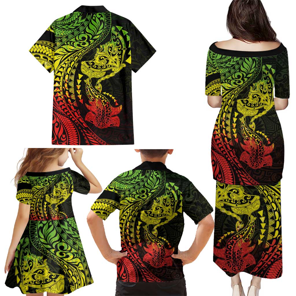 Hawaiian Manta Ray and Hammerhead Shark Tribal Tattoo Family Matching Puletasi and Hawaiian Shirt with Polynesian Tribal Pattern Reggae Style