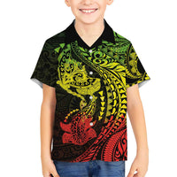 Hawaiian Manta Ray and Hammerhead Shark Tribal Tattoo Family Matching Short Sleeve Bodycon Dress and Hawaiian Shirt with Polynesian Tribal Pattern Reggae Style LT03 Son's Shirt Multicolor - Polynesian Pride