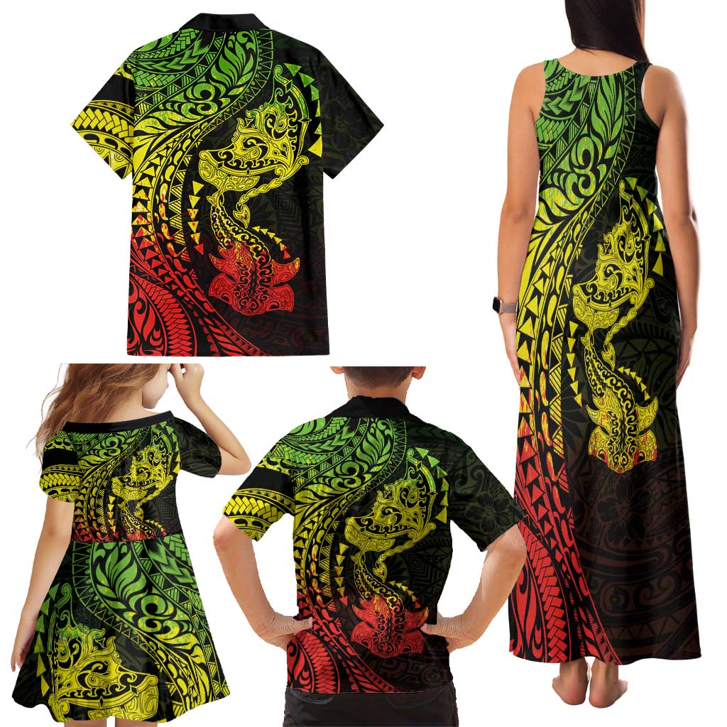 Hawaiian Manta Ray and Hammerhead Shark Tribal Tattoo Family Matching Tank Maxi Dress and Hawaiian Shirt with Polynesian Tribal Pattern Reggae Style LT03 - Polynesian Pride