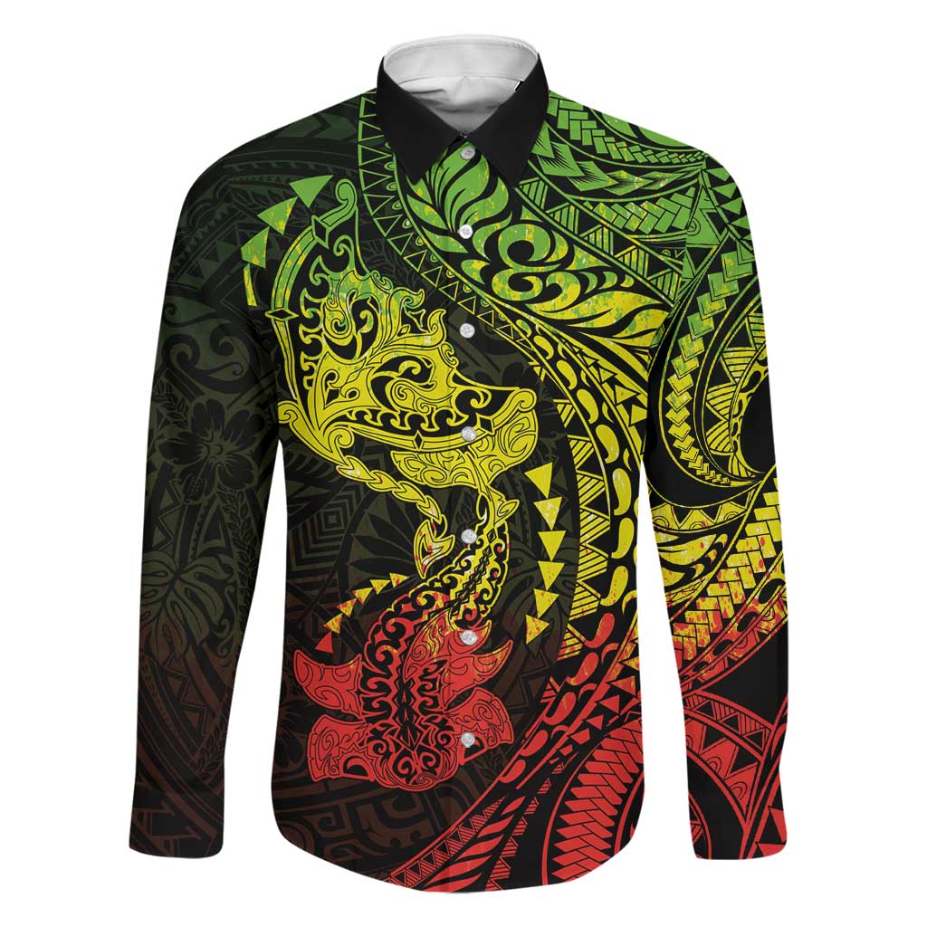 Hawaiian Manta Ray and Hammerhead Shark Tribal Tattoo Family Matching Tank Maxi Dress and Hawaiian Shirt with Polynesian Tribal Pattern Reggae Style LT03 Dad's Shirt - Long Sleeve Multicolor - Polynesian Pride