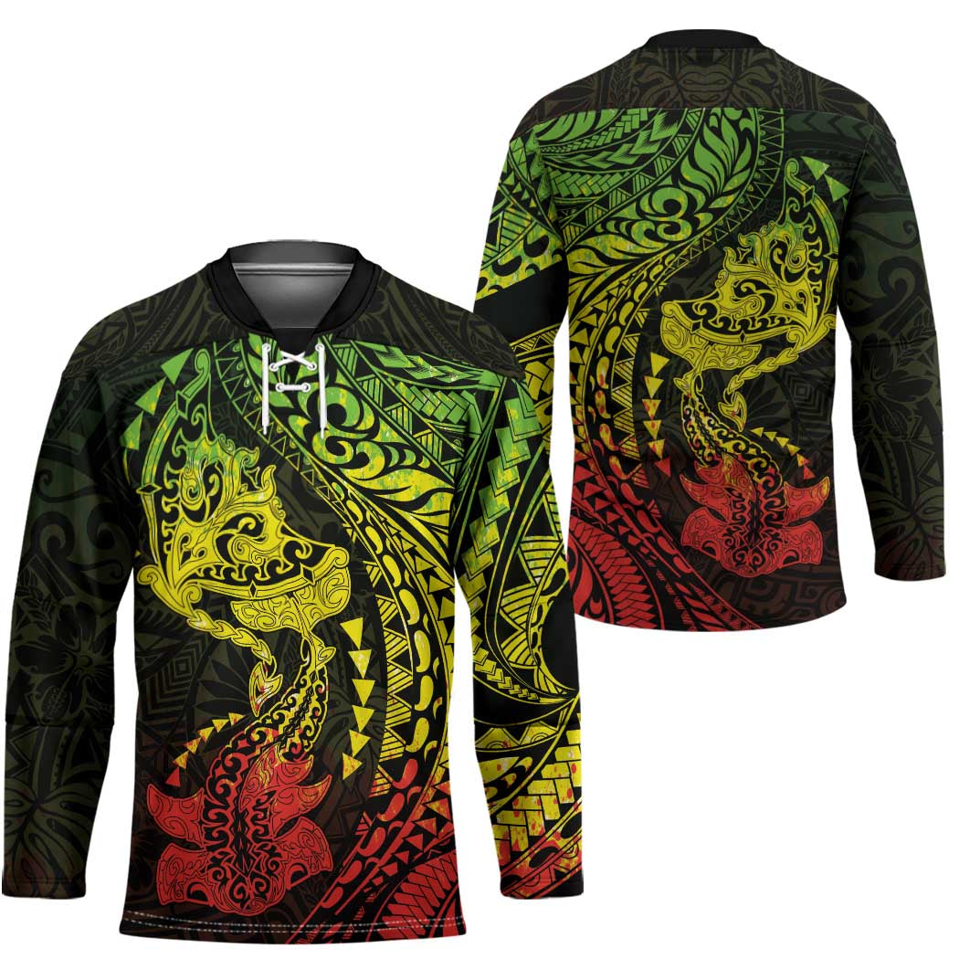 Hawaiian Manta Ray and Hammerhead Shark Tribal Tattoo Hockey Jersey with Polynesian Tribal Pattern Reggae Style LT03 - Polynesian Pride