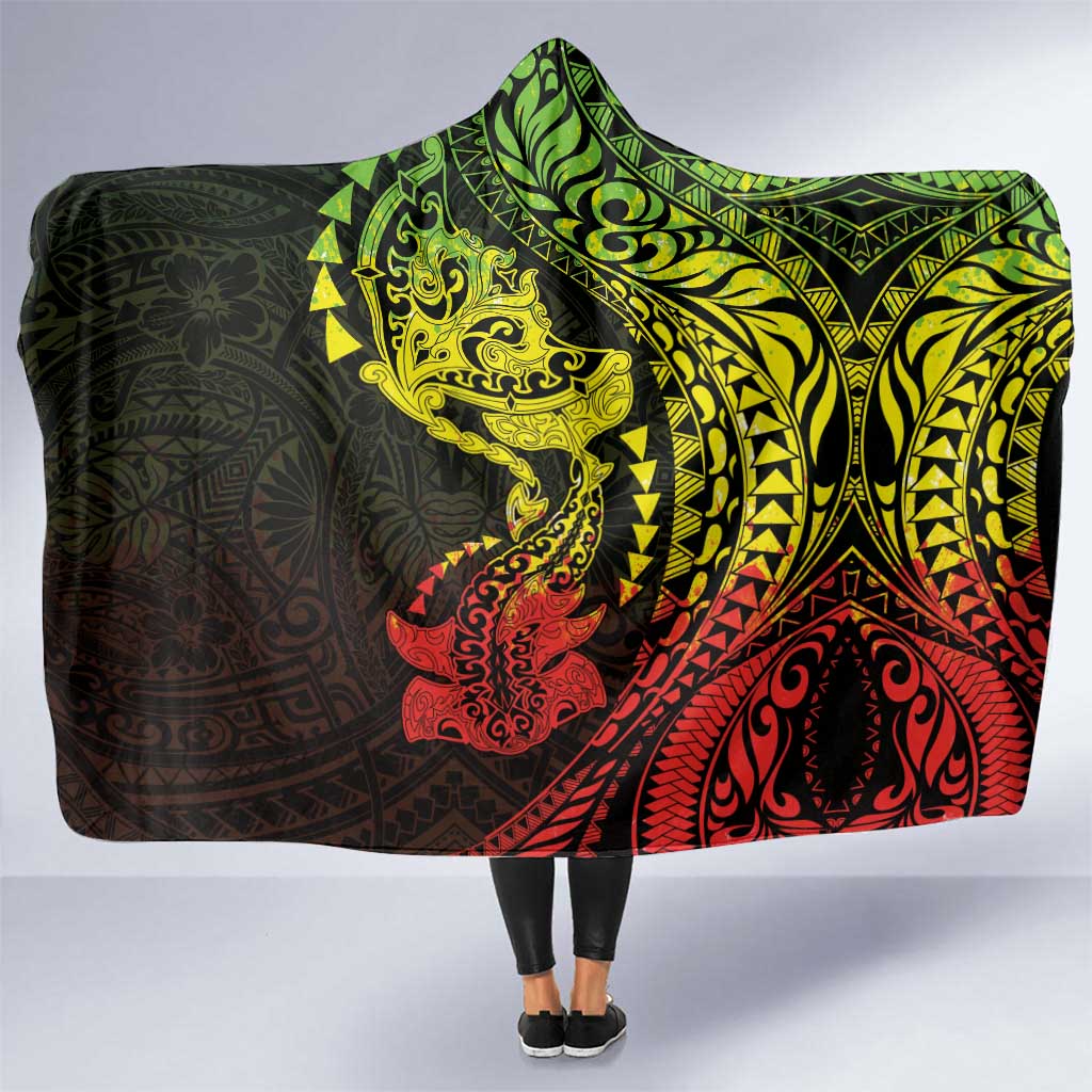 Hawaiian Manta Ray and Hammerhead Shark Tribal Tattoo Hooded Blanket with Polynesian Tribal Pattern Reggae Style LT03 One Size Multicolor - Polynesian Pride