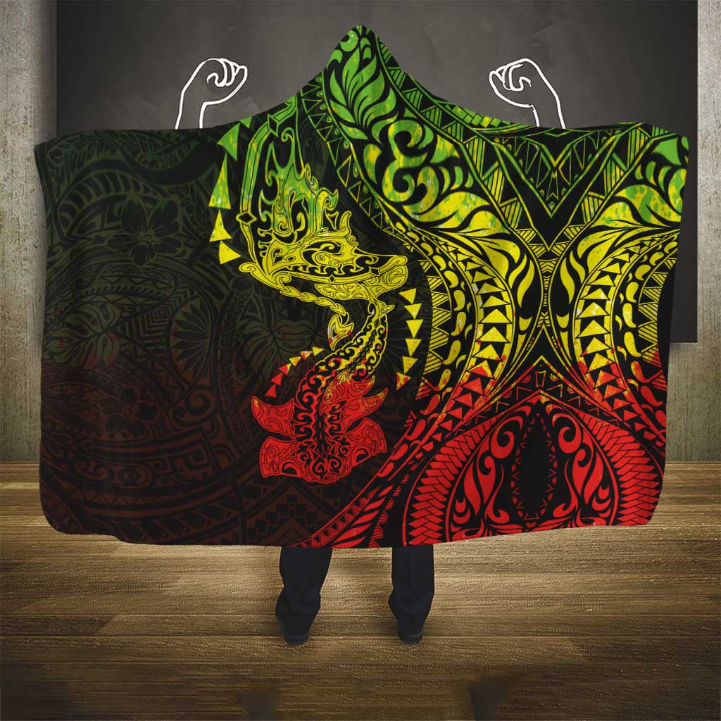 Hawaiian Manta Ray and Hammerhead Shark Tribal Tattoo Hooded Blanket with Polynesian Tribal Pattern Reggae Style LT03 - Polynesian Pride