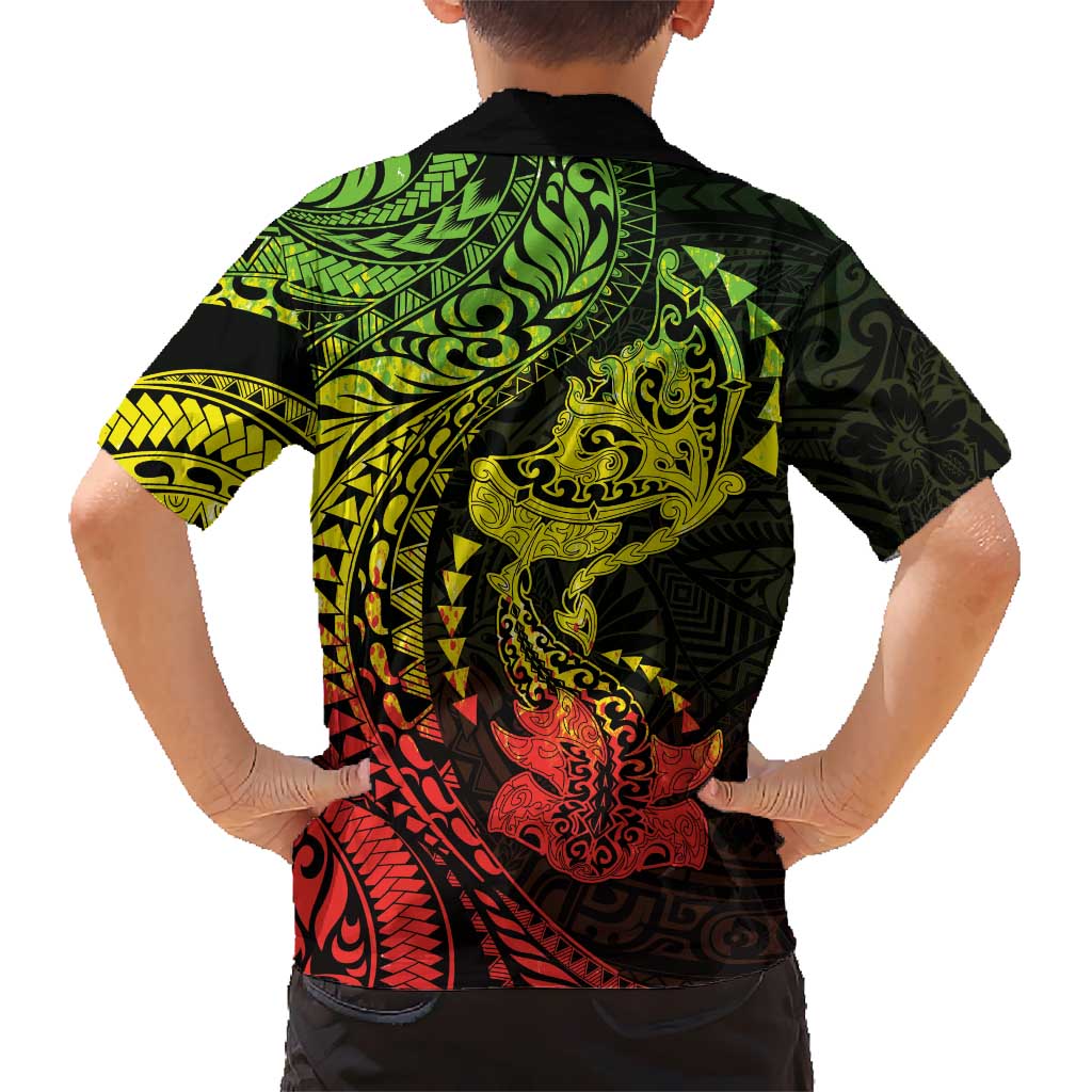 Hawaiian Manta Ray and Hammerhead Shark Tribal Tattoo Kid Hawaiian Shirt with Polynesian Tribal Pattern Reggae Style LT03 - Polynesian Pride