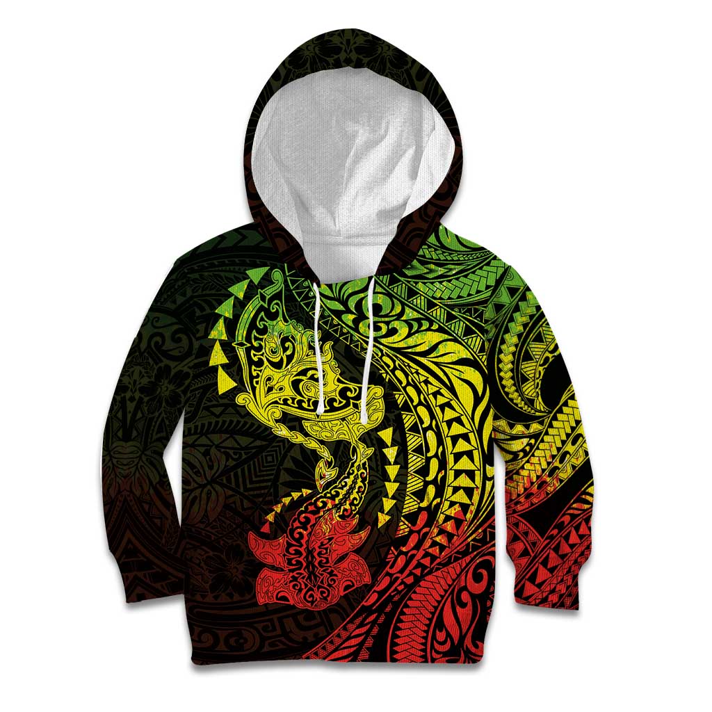Hawaiian Manta Ray and Hammerhead Shark Tribal Tattoo Kid Hoodie with Polynesian Tribal Pattern Reggae Style