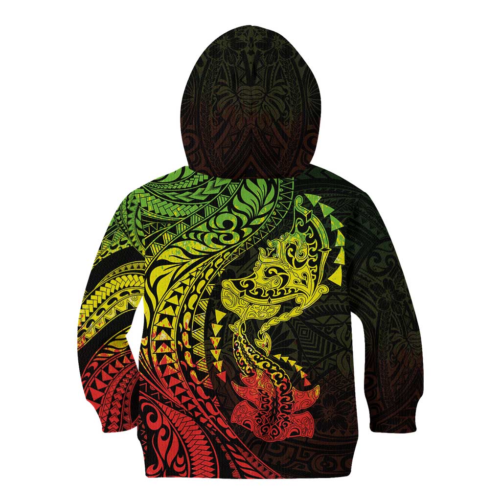 Hawaiian Manta Ray and Hammerhead Shark Tribal Tattoo Kid Hoodie with Polynesian Tribal Pattern Reggae Style LT03 - Polynesian Pride