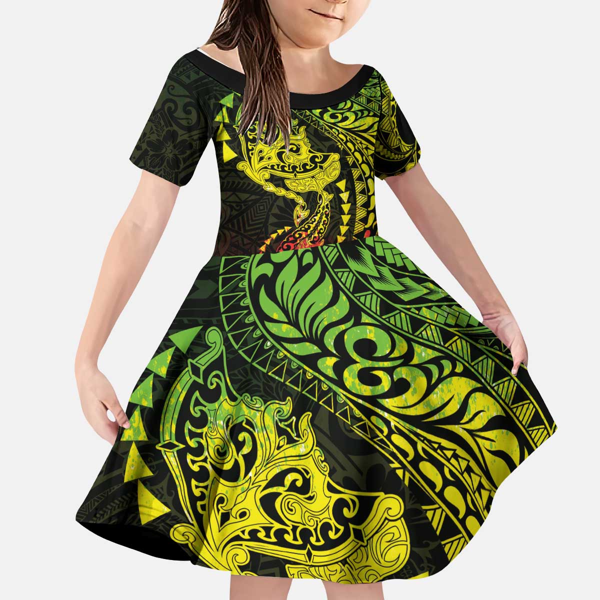 Hawaiian Manta Ray and Hammerhead Shark Tribal Tattoo Kid Short Sleeve Dress with Polynesian Tribal Pattern Reggae Style