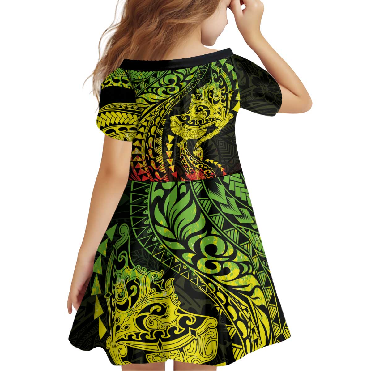 Hawaiian Manta Ray and Hammerhead Shark Tribal Tattoo Kid Short Sleeve Dress with Polynesian Tribal Pattern Reggae Style