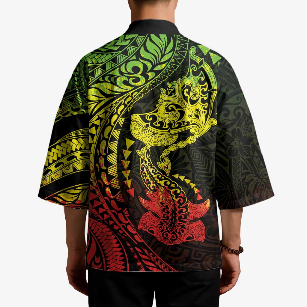 Hawaiian Manta Ray and Hammerhead Shark Tribal Tattoo Kimono with Polynesian Tribal Pattern Reggae Style