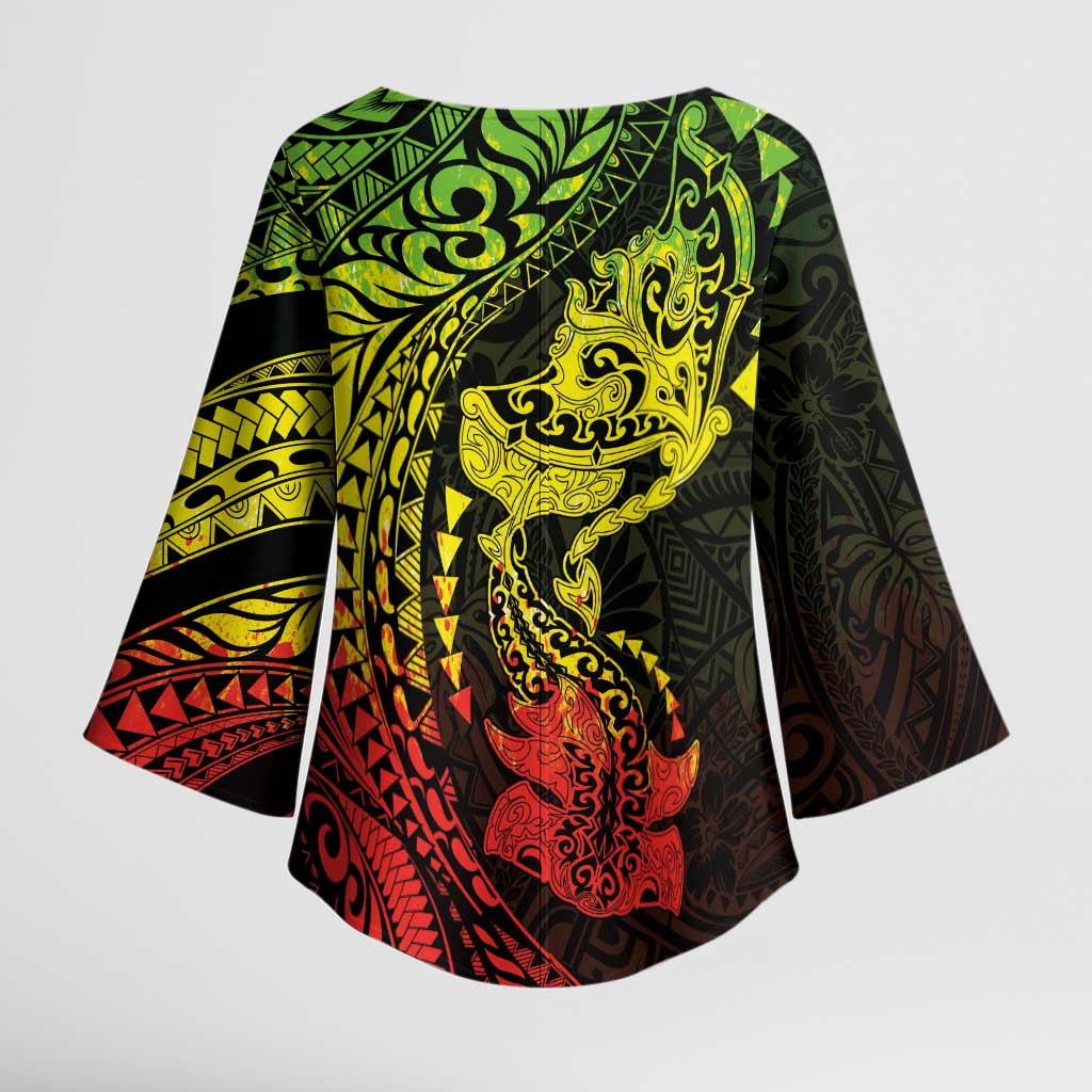 Hawaiian Manta Ray and Hammerhead Shark Tribal Tattoo Kimono Sleeve Blouse with Polynesian Tribal Pattern Reggae Style LT03 - Polynesian Pride