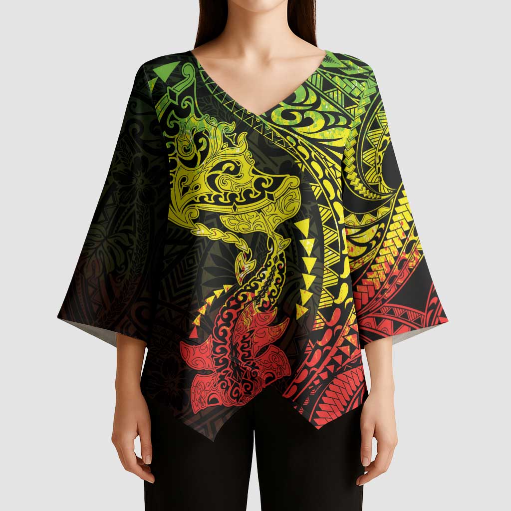 Hawaiian Manta Ray and Hammerhead Shark Tribal Tattoo Kimono Sleeve Blouse with Polynesian Tribal Pattern Reggae Style LT03 - Polynesian Pride