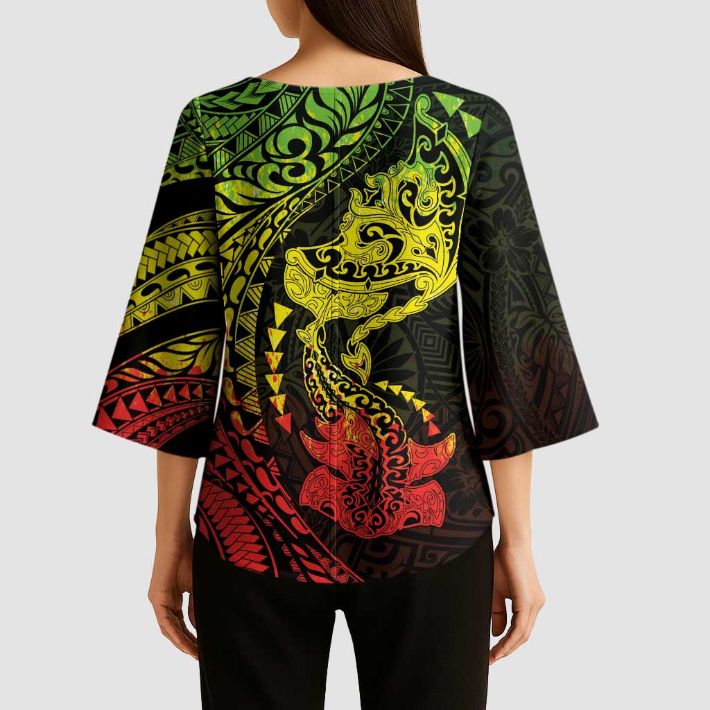 Hawaiian Manta Ray and Hammerhead Shark Tribal Tattoo Kimono Sleeve Blouse with Polynesian Tribal Pattern Reggae Style LT03 - Polynesian Pride