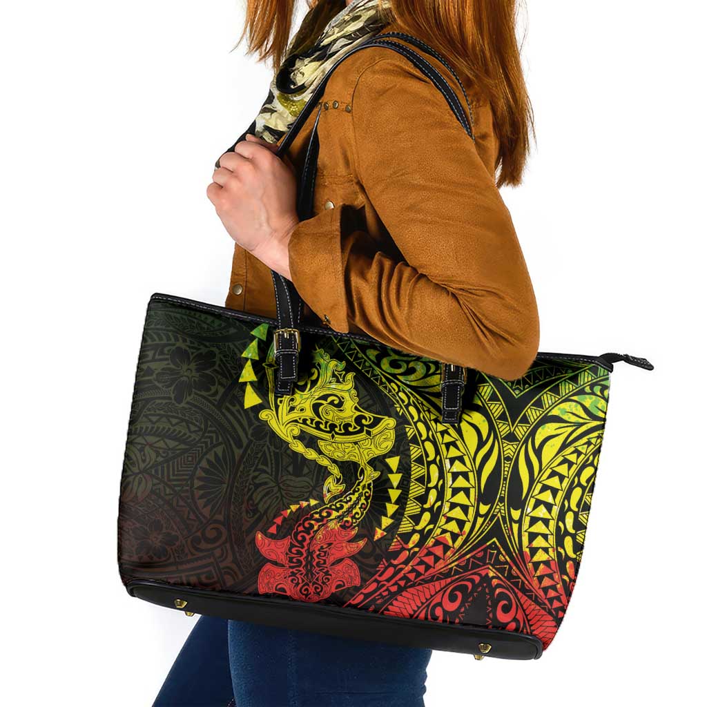 Hawaiian Manta Ray and Hammerhead Shark Tribal Tattoo Leather Tote Bag with Polynesian Tribal Pattern Reggae Style LT03 Multicolor - Polynesian Pride