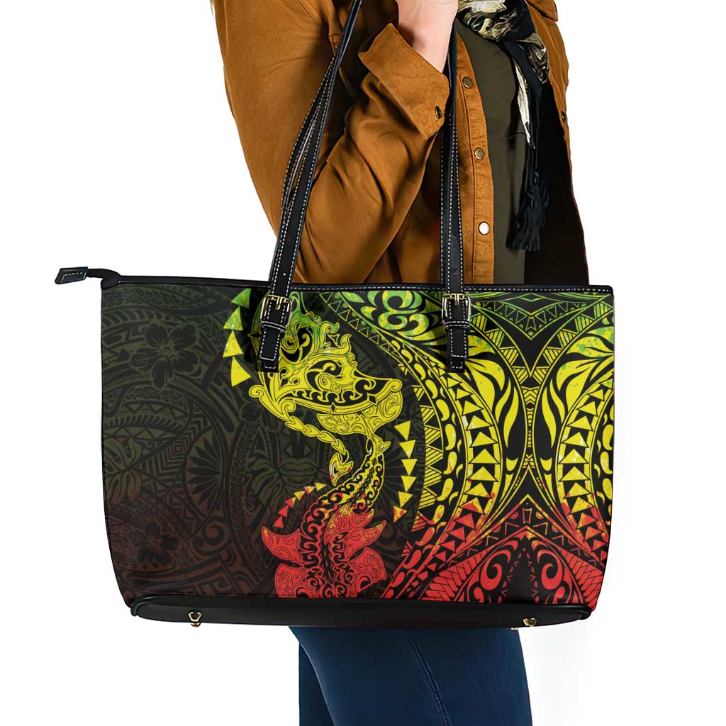 Hawaiian Manta Ray and Hammerhead Shark Tribal Tattoo Leather Tote Bag with Polynesian Tribal Pattern Reggae Style LT03 - Polynesian Pride
