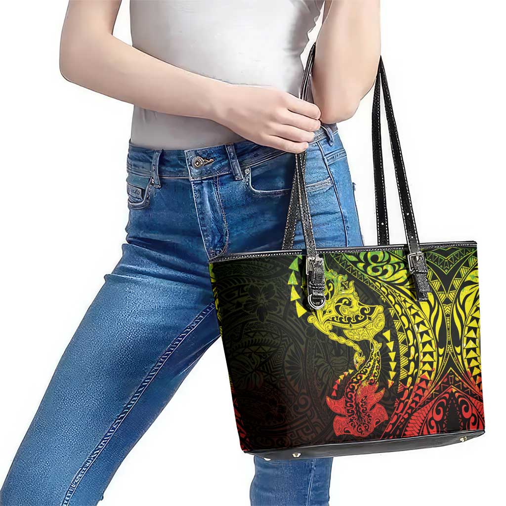 Hawaiian Manta Ray and Hammerhead Shark Tribal Tattoo Leather Tote Bag with Polynesian Tribal Pattern Reggae Style LT03 - Polynesian Pride