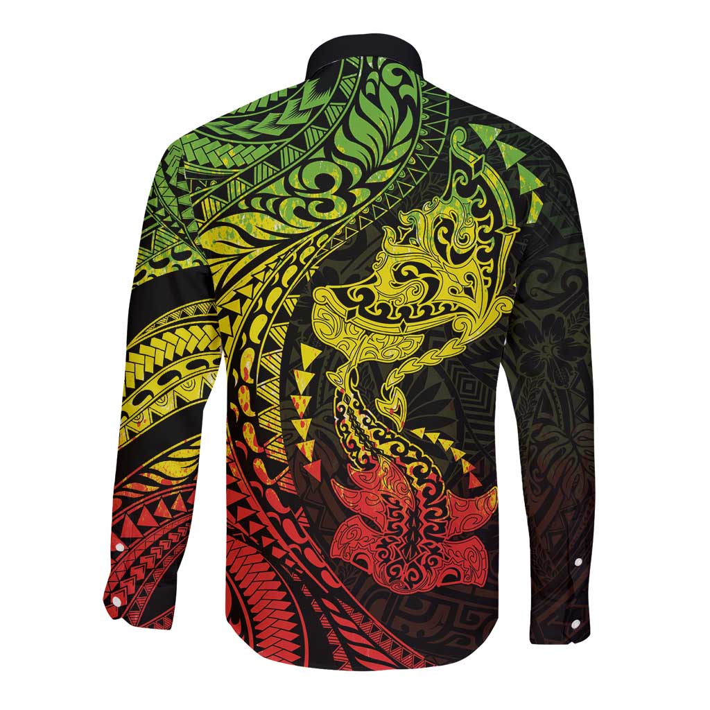 Hawaiian Manta Ray and Hammerhead Shark Tribal Tattoo Long Sleeve Button Shirt with Polynesian Tribal Pattern Reggae Style