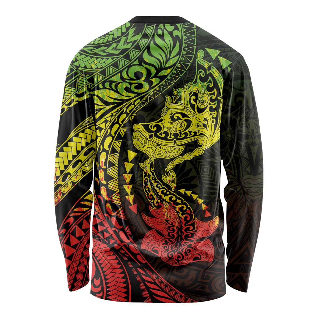 Hawaiian Manta Ray and Hammerhead Shark Tribal Tattoo Long Sleeve Shirt with Polynesian Tribal Pattern Reggae Style LT03 - Polynesian Pride