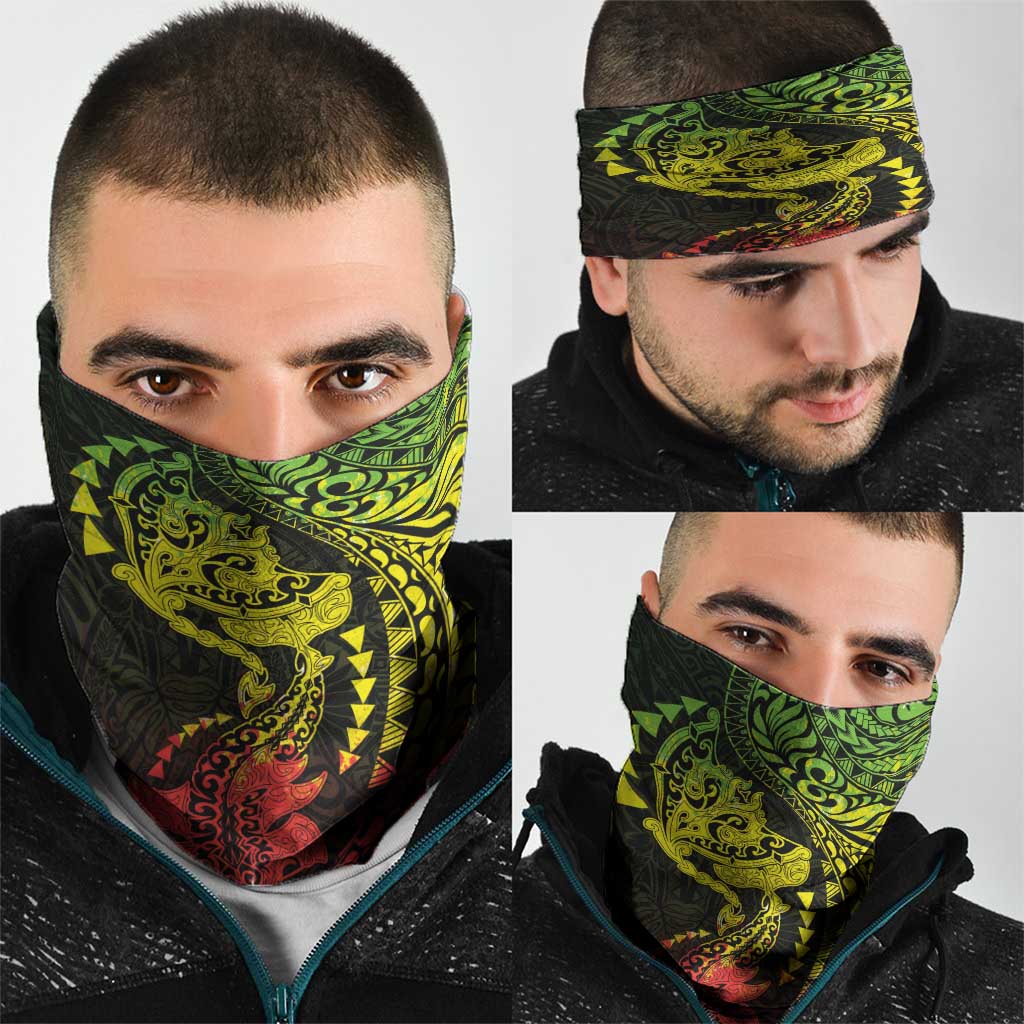 Hawaiian Manta Ray and Hammerhead Shark Tribal Tattoo Neck Gaiter with Polynesian Tribal Pattern Reggae Style