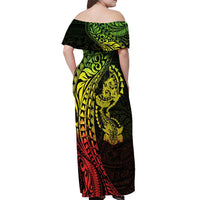 Hawaiian Manta Ray and Hammerhead Shark Tribal Tattoo Off Shoulder Maxi Dress with Polynesian Tribal Pattern Reggae Style LT03 - Polynesian Pride