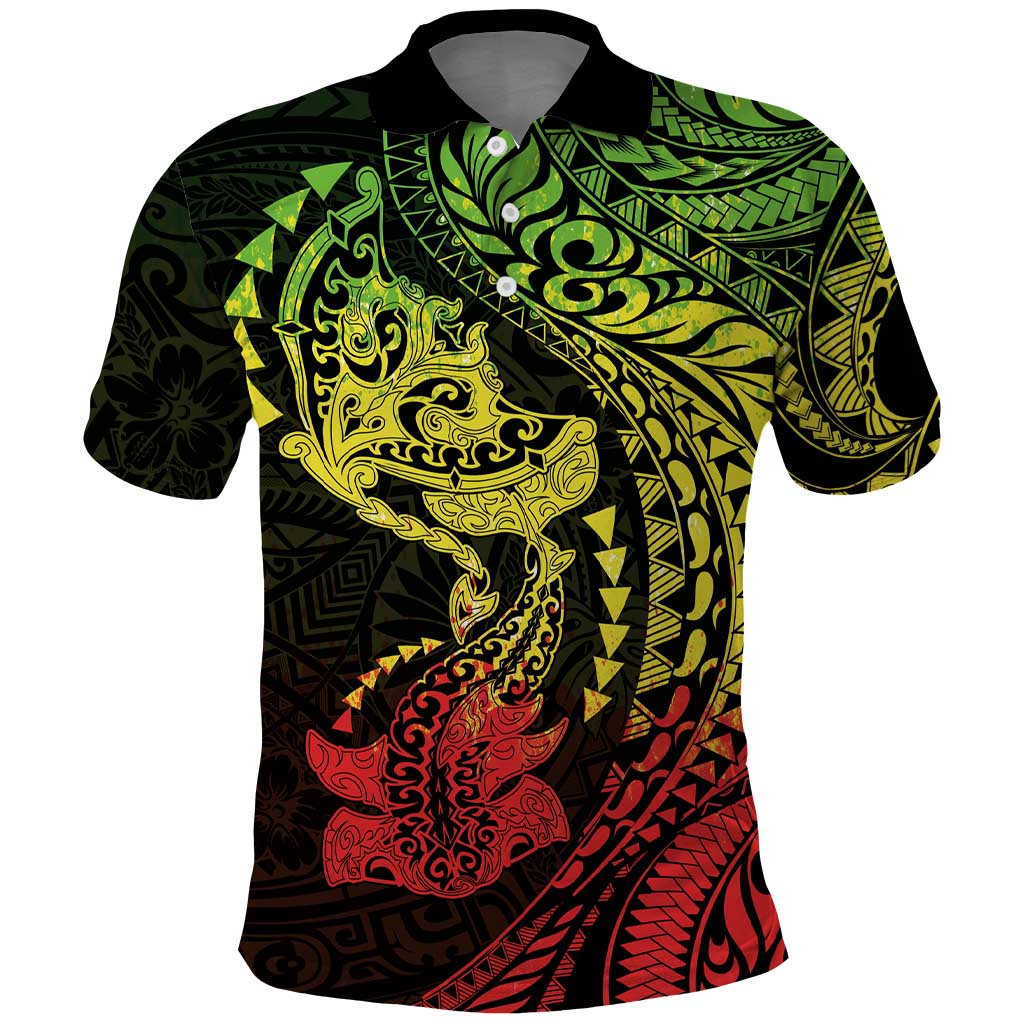 Hawaiian Manta Ray and Hammerhead Shark Tribal Tattoo Polo Shirt with Polynesian Tribal Pattern Reggae Style LT03 Multicolor - Polynesian Pride