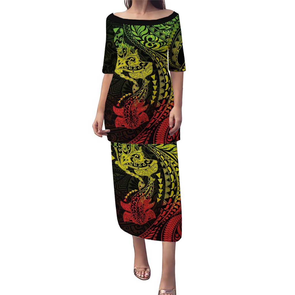 Hawaiian Manta Ray and Hammerhead Shark Tribal Tattoo Puletasi with Polynesian Tribal Pattern Reggae Style LT03 Long Dress Multicolor - Polynesian Pride
