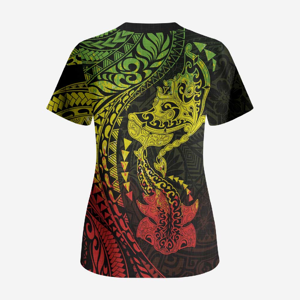 Hawaiian Manta Ray and Hammerhead Shark Tribal Tattoo Scrub Top with Polynesian Tribal Pattern Reggae Style