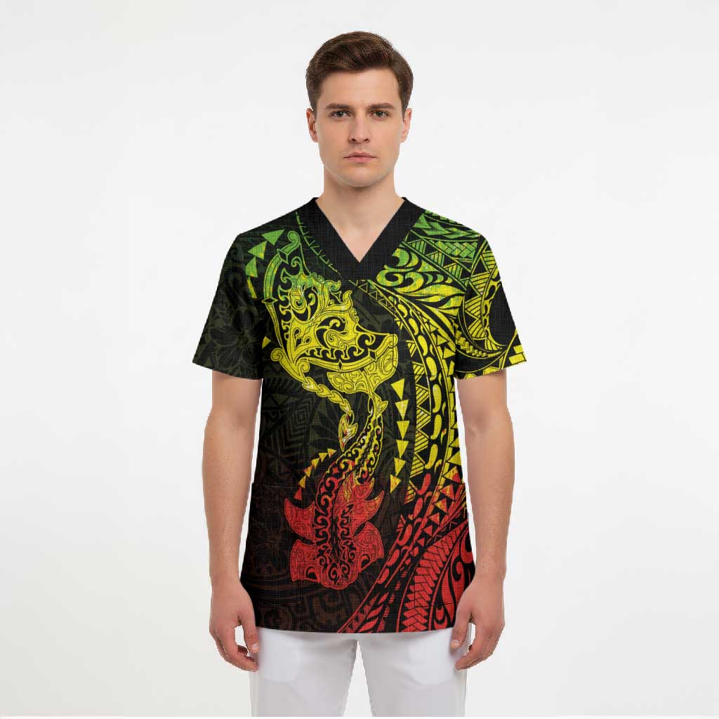 Hawaiian Manta Ray and Hammerhead Shark Tribal Tattoo Scrub Top with Polynesian Tribal Pattern Reggae Style
