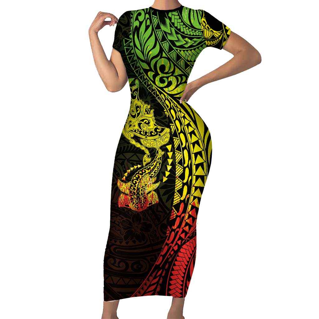 Hawaiian Manta Ray and Hammerhead Shark Tribal Tattoo Short Sleeve Bodycon Dress with Polynesian Tribal Pattern Reggae Style LT03 Long Dress Multicolor - Polynesian Pride