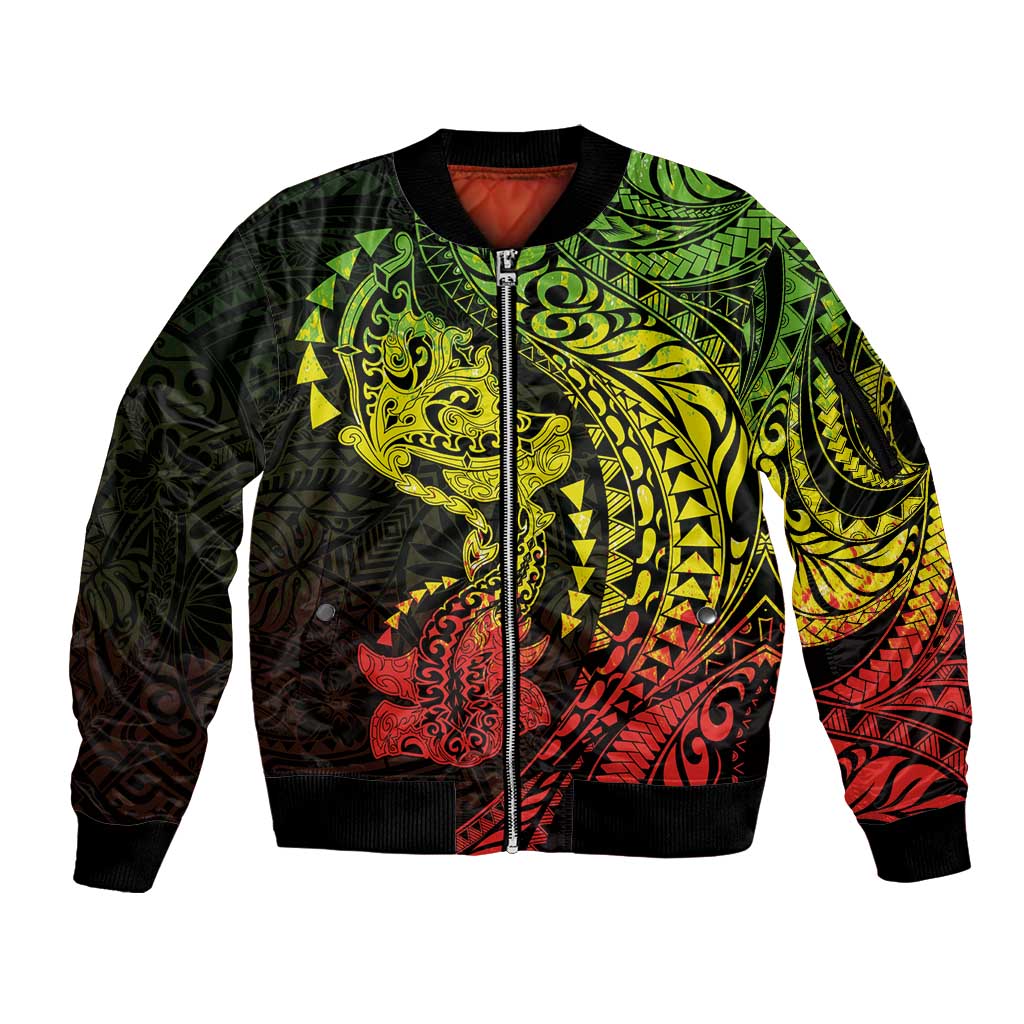 Hawaiian Manta Ray and Hammerhead Shark Tribal Tattoo Sleeve Zip Bomber Jacket with Polynesian Tribal Pattern Reggae Style