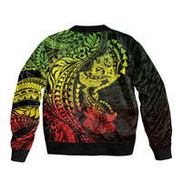 Hawaiian Manta Ray and Hammerhead Shark Tribal Tattoo Sleeve Zip Bomber Jacket with Polynesian Tribal Pattern Reggae Style