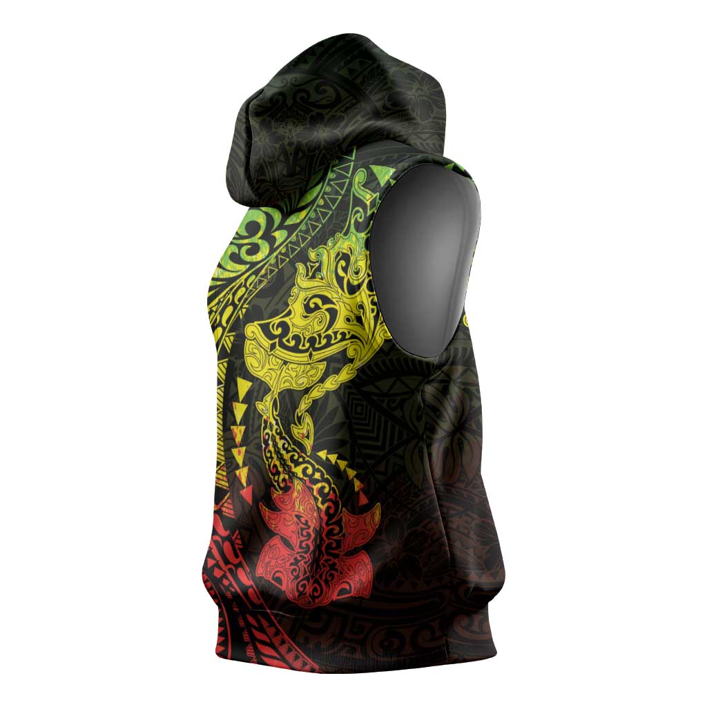 Hawaiian Manta Ray and Hammerhead Shark Tribal Tattoo Sleeveless Hoodie with Polynesian Tribal Pattern Reggae Style LT03 - Polynesian Pride