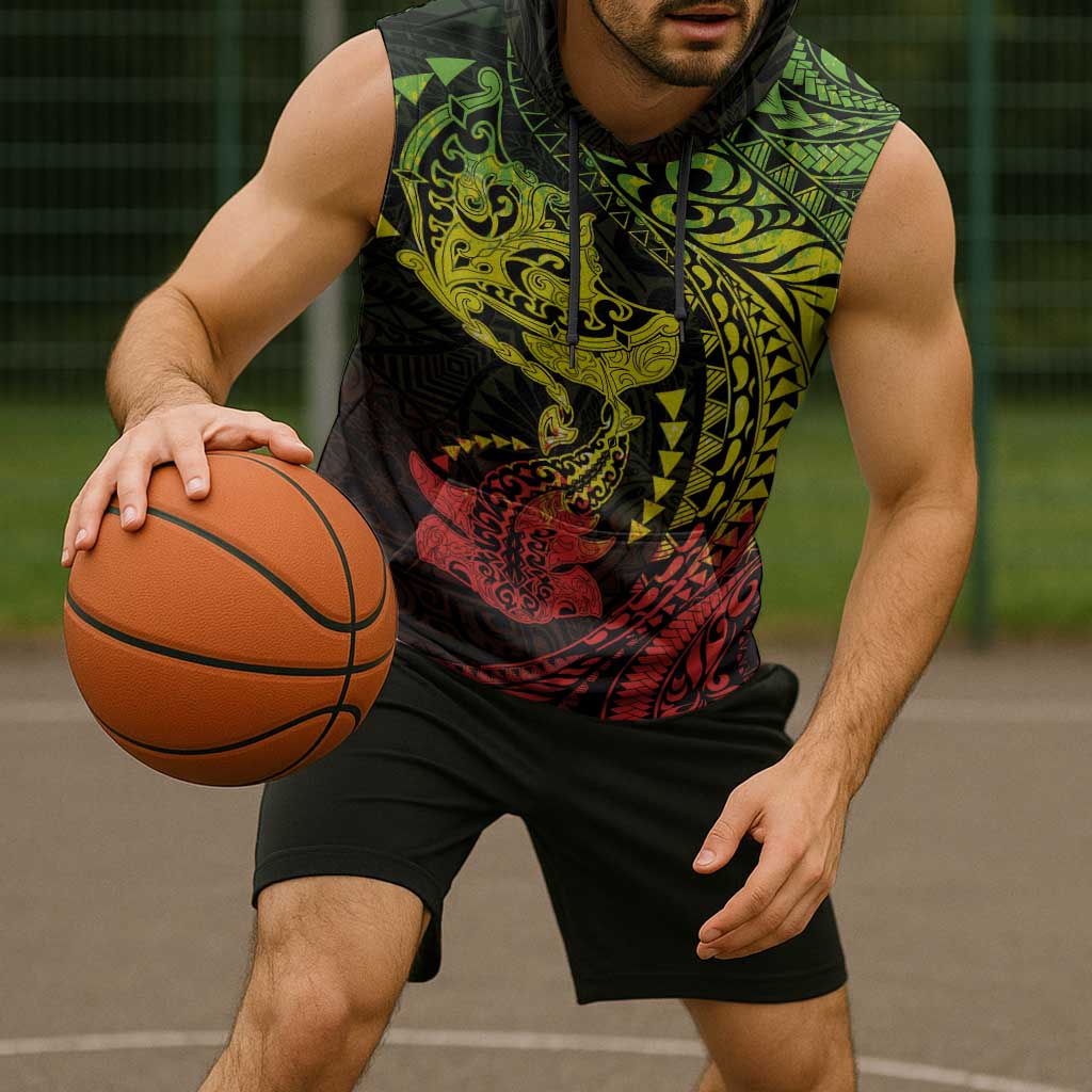 Hawaiian Manta Ray and Hammerhead Shark Tribal Tattoo Sleeveless Hoodie with Polynesian Tribal Pattern Reggae Style LT03 - Polynesian Pride