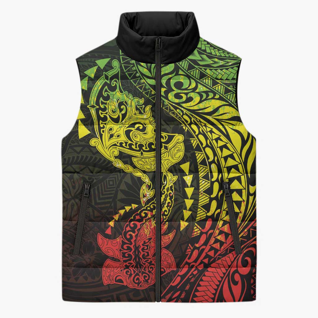 Hawaiian Manta Ray and Hammerhead Shark Tribal Tattoo Sleeveless Puffer Jacket with Polynesian Tribal Pattern Reggae Style LT03 Unisex Multicolor - Polynesian Pride