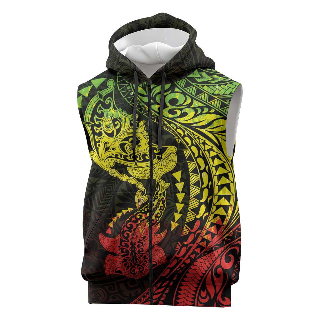 Hawaiian Manta Ray and Hammerhead Shark Tribal Tattoo Sleeveless Zip Hoodie with Polynesian Tribal Pattern Reggae Style LT03 Multicolor - Polynesian Pride