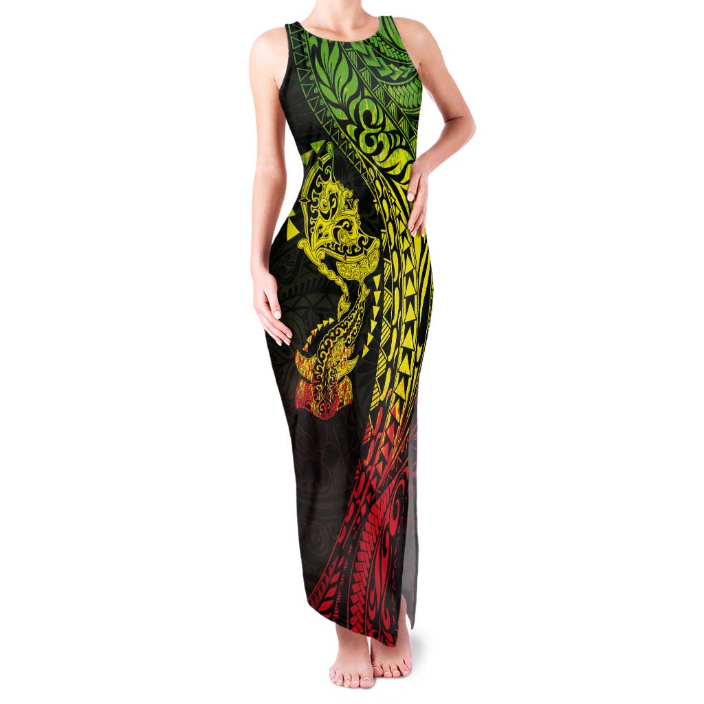 Hawaiian Manta Ray and Hammerhead Shark Tribal Tattoo Tank Maxi Dress with Polynesian Tribal Pattern Reggae Style LT03 Women Multicolor - Polynesian Pride