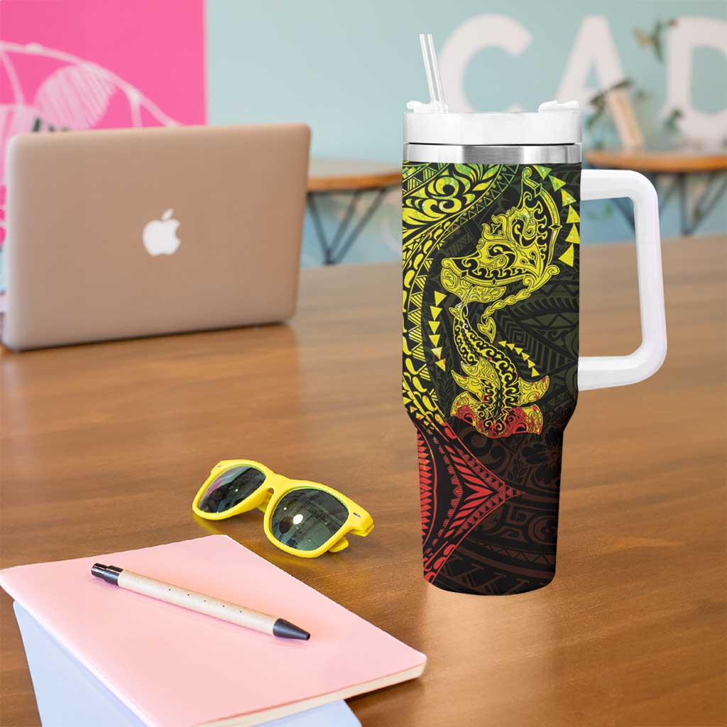 Hawaiian Manta Ray and Hammerhead Shark Tribal Tattoo Tumbler With Handle with Polynesian Tribal Pattern Reggae Style LT03 - Polynesian Pride