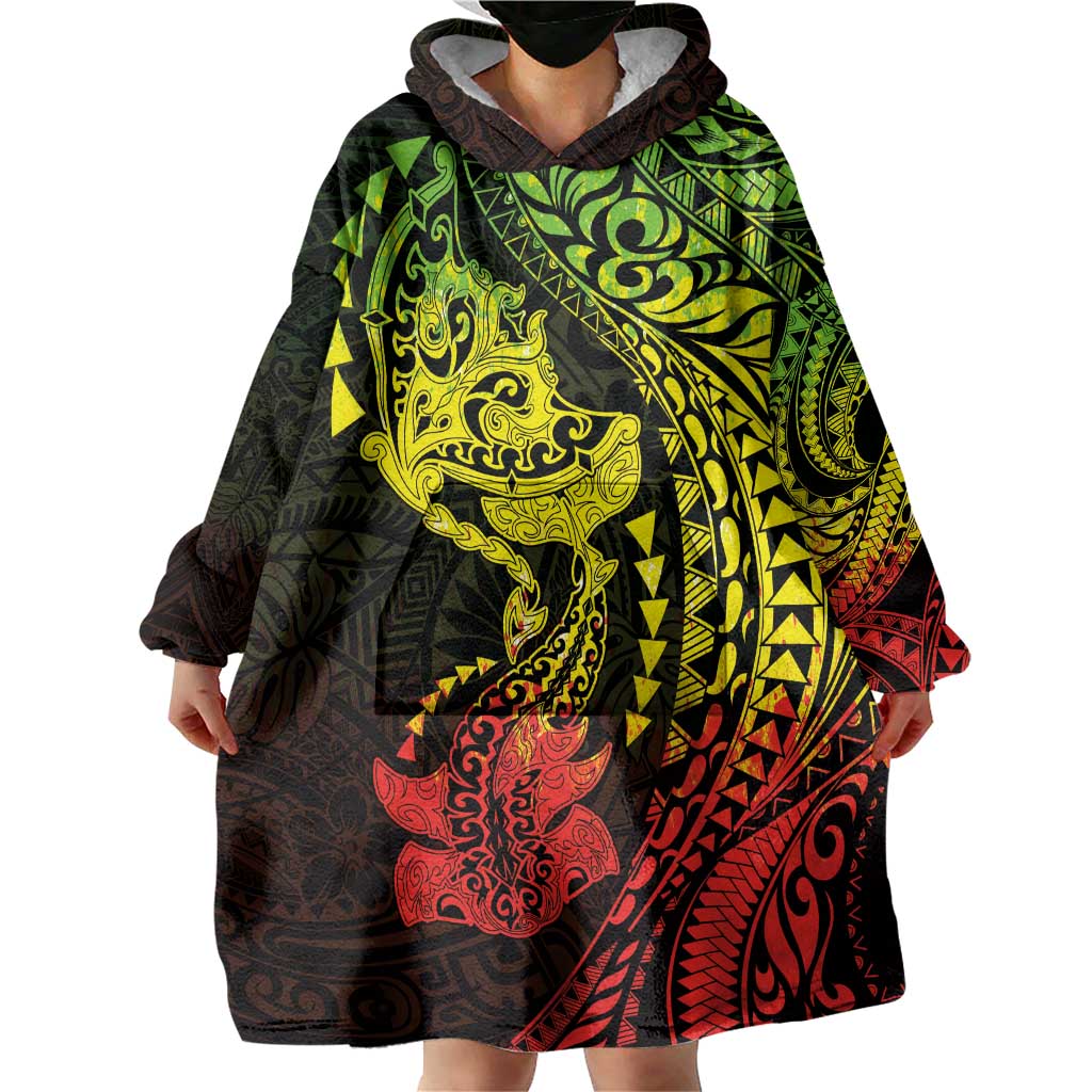 Hawaiian Manta Ray and Hammerhead Shark Tribal Tattoo Wearable Blanket Hoodie with Polynesian Tribal Pattern Reggae Style LT03 - Polynesian Pride