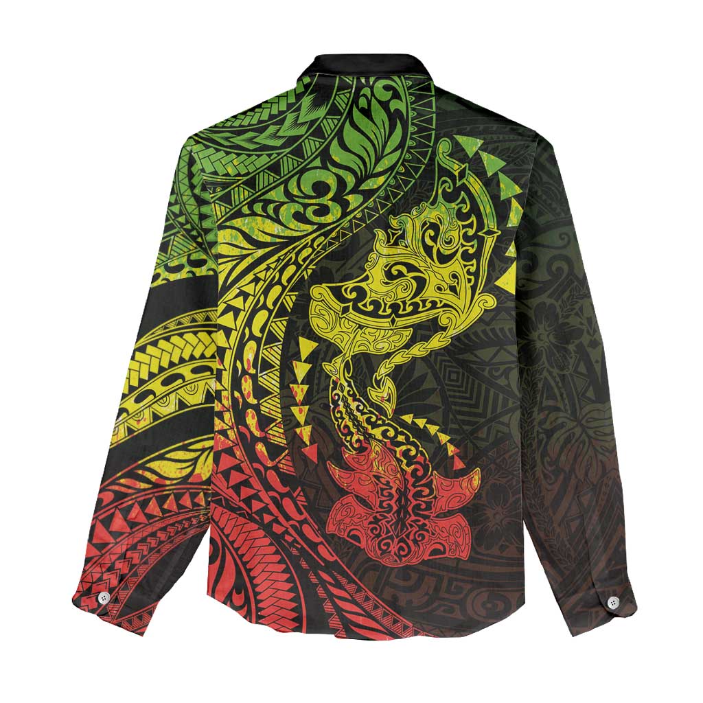 Hawaiian Manta Ray and Hammerhead Shark Tribal Tattoo Women Casual Shirt with Polynesian Tribal Pattern Reggae Style LT03 - Polynesian Pride
