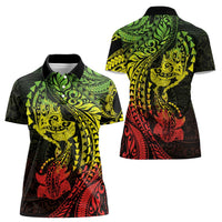 Hawaiian Manta Ray and Hammerhead Shark Tribal Tattoo Women Polo Shirt with Polynesian Tribal Pattern Reggae Style LT03 - Polynesian Pride