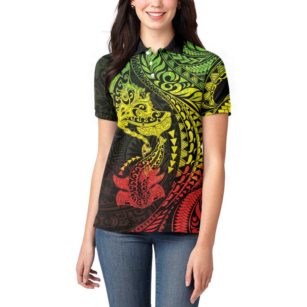 Hawaiian Manta Ray and Hammerhead Shark Tribal Tattoo Women Polo Shirt with Polynesian Tribal Pattern Reggae Style LT03 - Polynesian Pride