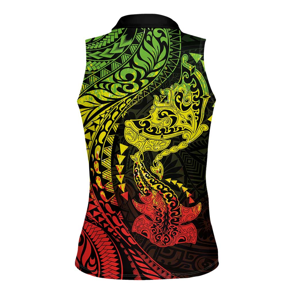 Hawaiian Manta Ray and Hammerhead Shark Tribal Tattoo Women Sleeveless Polo Shirt with Polynesian Tribal Pattern Reggae Style