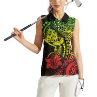 Hawaiian Manta Ray and Hammerhead Shark Tribal Tattoo Women Sleeveless Polo Shirt with Polynesian Tribal Pattern Reggae Style