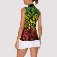 Hawaiian Manta Ray and Hammerhead Shark Tribal Tattoo Women Sleeveless Polo Shirt with Polynesian Tribal Pattern Reggae Style