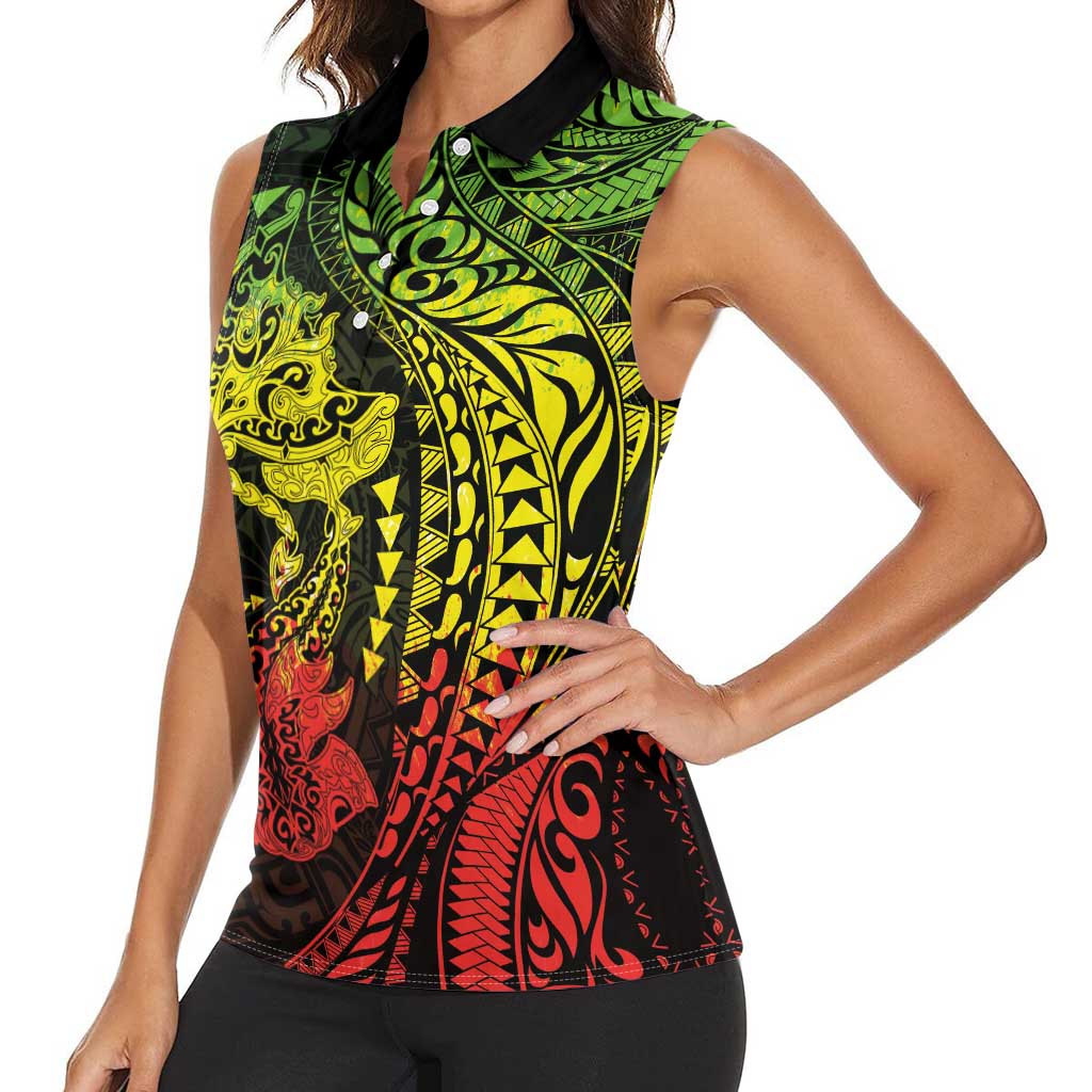 Hawaiian Manta Ray and Hammerhead Shark Tribal Tattoo Women Sleeveless Polo Shirt with Polynesian Tribal Pattern Reggae Style