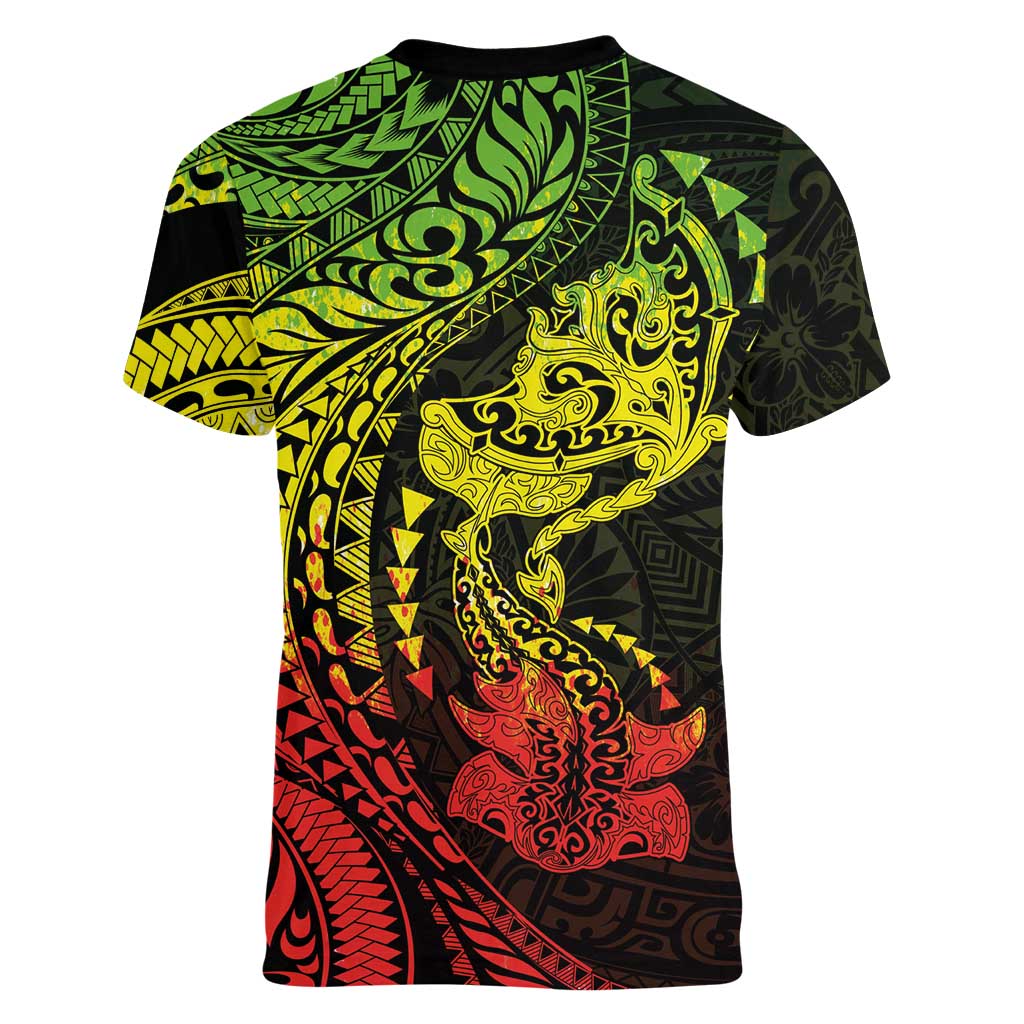 Hawaiian Manta Ray and Hammerhead Shark Tribal Tattoo Women V-Neck T-Shirt with Polynesian Tribal Pattern Reggae Style LT03 - Polynesian Pride