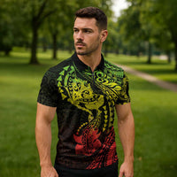Hawaiian Manta Ray and Hammerhead Shark Tribal Tattoo Zipper Polo Shirt with Polynesian Tribal Pattern Reggae Style LT03 - Polynesian Pride