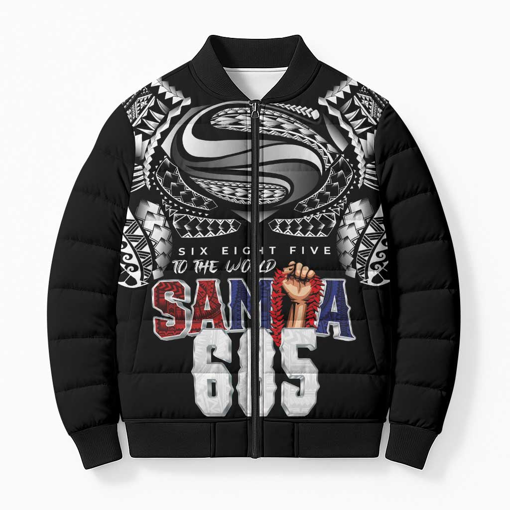 Super Samoa-Six Eight Five to The World Bomber Puffer Jacket Traditional Samoan Tattoo Black Color