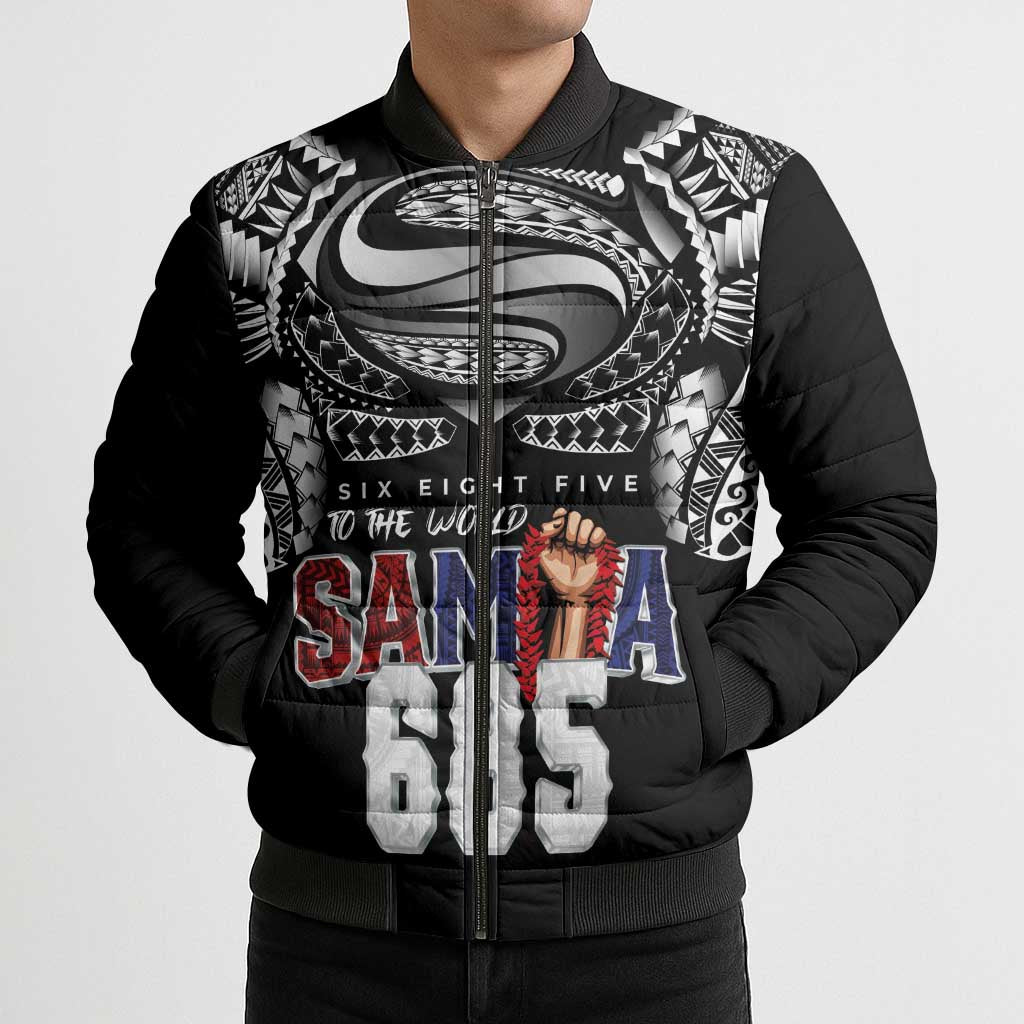 Super Samoa-Six Eight Five to The World Bomber Puffer Jacket Traditional Samoan Tattoo Black Color
